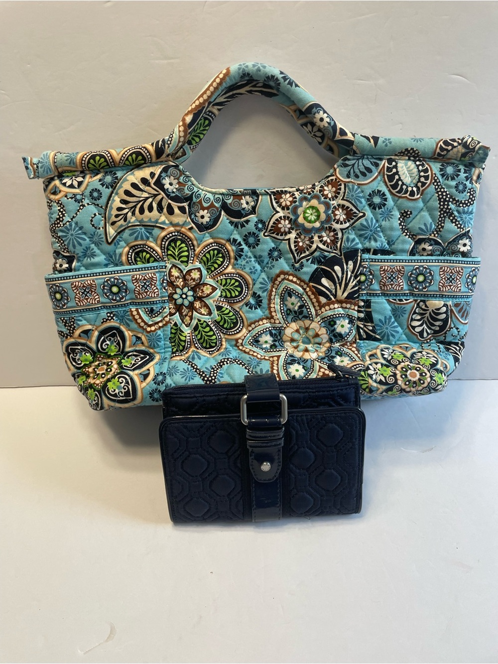 Vera Bradley Quilted Floral Tote in Aqua W/ Navy Wallet